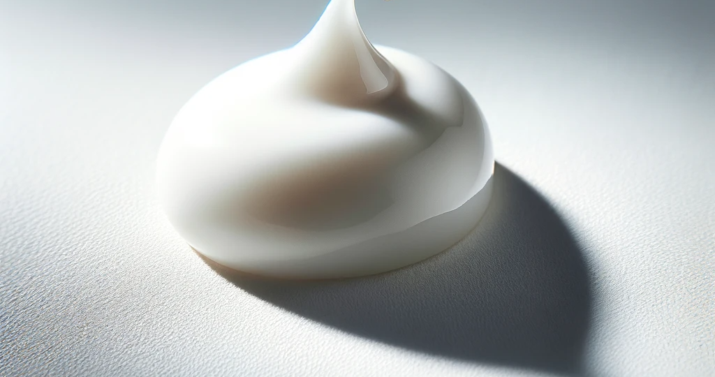 DALL·E 2023-12-05 22.59.32 - A detailed image of a single drop of white cosmetic serum on a white surface. The serum drop is creamy and has a slightly glossy texture, showcasing i